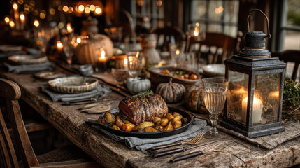 Cozy rustic dinner table with roasted meat, potatoes, pumpkins, candles, and warm lighting creating inviting autumn atmosphere