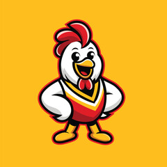 Cute chicken mascot in cartoon style with red vest for branding and food business