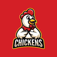 Cartoon chicken mascot with red background design for food branding and esports logo