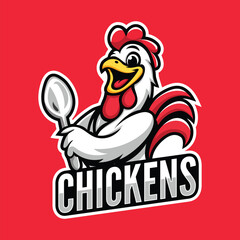 Chicken mascot holding spoon cartoon style logo for food branding and esports team