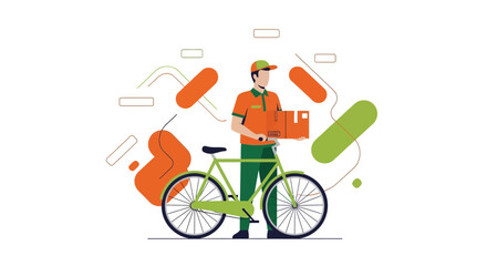 Naklejka premium Courier Delivering Packages On Bicycle Depicted In Orange And Green Colors