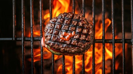 Grilled burger patty on fire