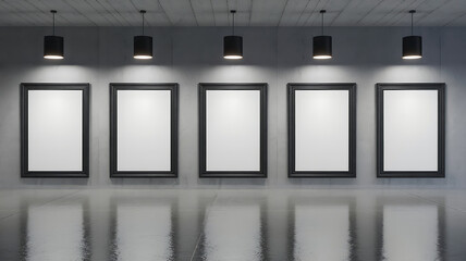 Five blank frames hang on a concrete wall in an art gallery