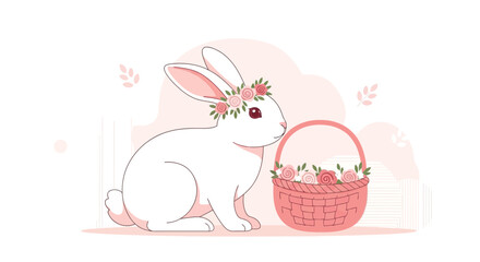 Obraz premium Easter Bunny With Floral Wreath and Basket Filled With Roses on Soft Background