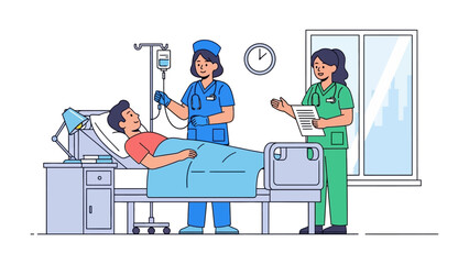 Hospital bedside: A patient receives medical care in a hospital room, attended by compassionate nurses.