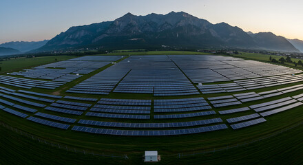 Solar Farm in Open Field with Mountain Backdrop