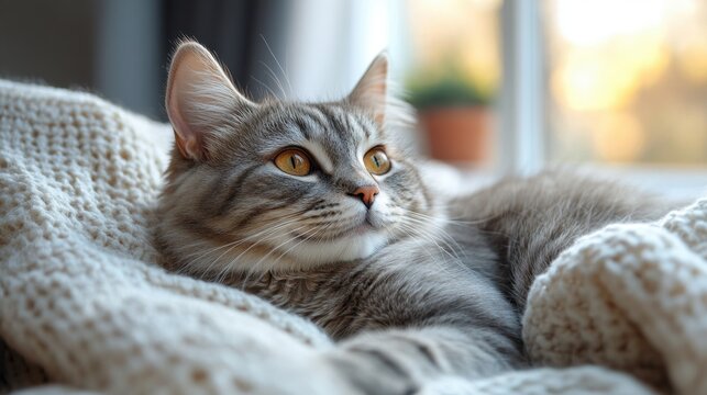 A serene gray cat rests comfortably on a cozy blanket, gazing thoughtfully out of a window with soft, warm light in the background.