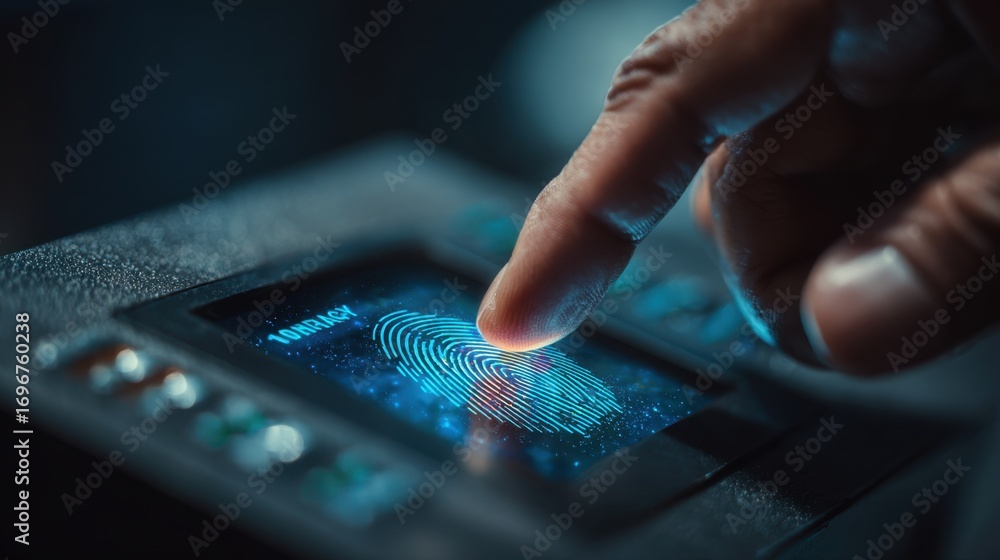 Poster a close-up of a finger scanning a fingerprint on a digital device, showcasing biometric technology f