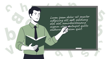 Educator Presenting Lesson On A Chalkboard With Literary Snippets And An Accompaning Book