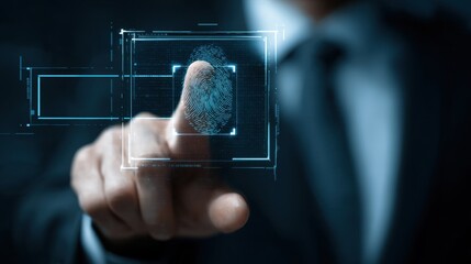 A professional in a suit interacts with a digital fingerprint scanner, emphasizing security and technology.