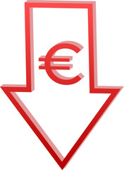 Euro Currency Icon inside Downward Red Arrow Isolated on Transparent Background
