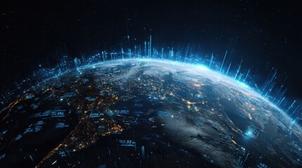 A digital representation of Earth, showcasing glowing data lines and city lights, illustrating technology and global connectivity.