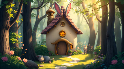 Whimsical Cartoon Rabbit Burrow in Enchanted Forest, Isekai Anime Style Spring Scene