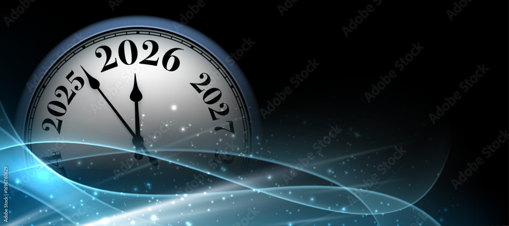 Poster elegant glowing clock on dark background with blue waves and sparkles counting down to 2026. vector 
