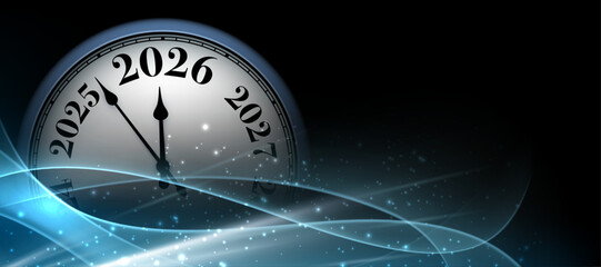 Elegant glowing clock on dark background with blue waves and sparkles counting down to 2026. Vector illustration for New Year.