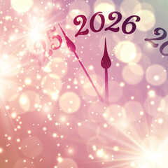 Glowing pink and gold bokeh background with a festive countdown clock striking midnight for 2026. Vector illustration.