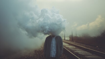 A person stands on railway tracks, their head replaced by a large cloud, evoking themes of isolation and creativity amidst a foggy landscape.