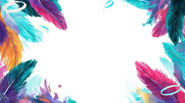 A vibrant, colorful feather border design with shades of pink, blue, and purple, set against a white background, perfect for creative projects.