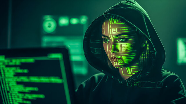 Woman in hoodie working on laptop with code projected on her face, hacker style.