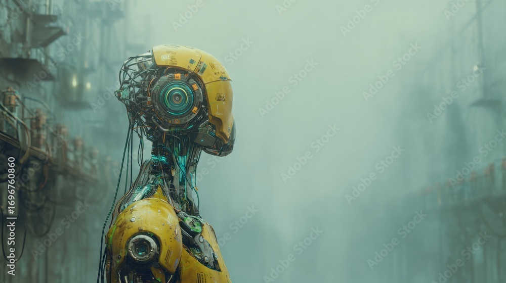 Poster a futuristic robot stands in a misty environment, showcasing intricate mechanical details and vibran