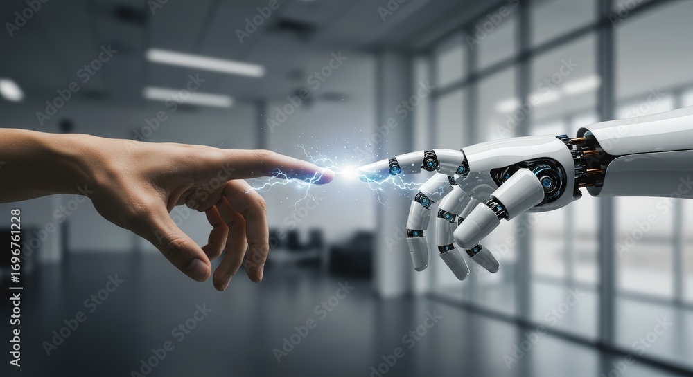 Poster human and robot hands connecting symbolizing advanced technology and future innovation