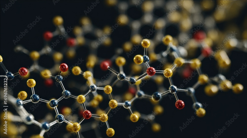 Poster a close-up view of a molecular structure, showcasing colorful atoms connected by bonds, representing