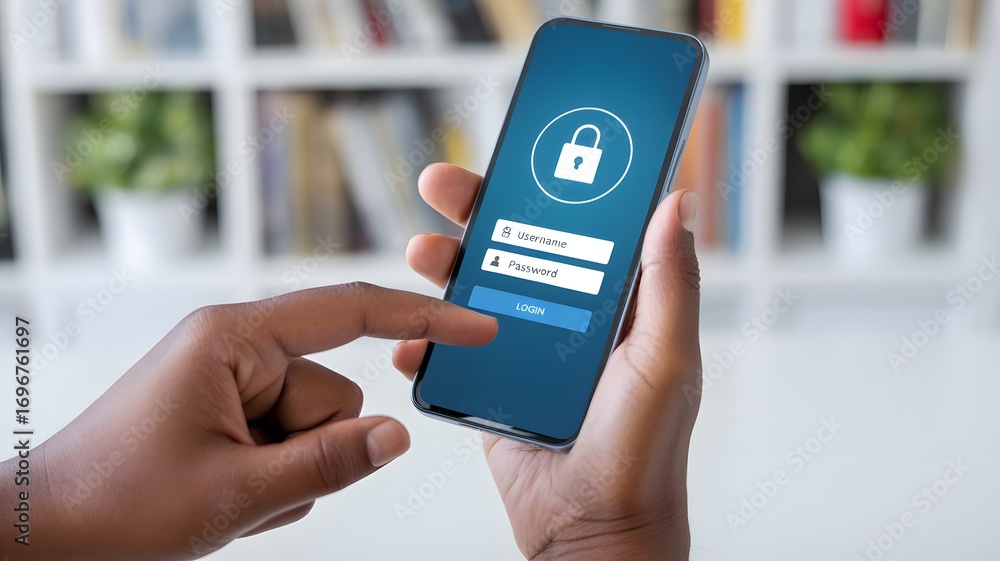 Poster man using smartphone to encrypt data and strengthen cybersecurity, protecting personal and corporate