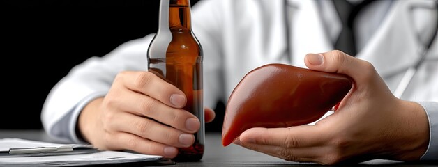 Doctor holding a bottle of beer and a human liver replica during a discussion on alcohol's impact on health