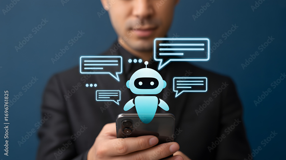 Poster chatbot interaction in modern life: a focused professional engages in a virtual conversation with an