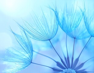 Glowing Blue Dandelion Seed Heads on Soft Blue Background