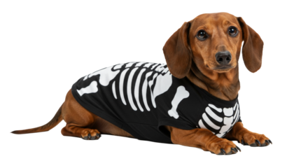 Brown dachshund dog in skeleton costume png isolated on transparent background