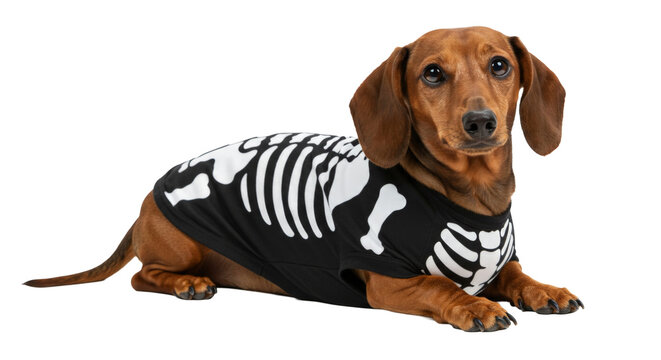Brown dachshund dog in skeleton costume png isolated on transparent background