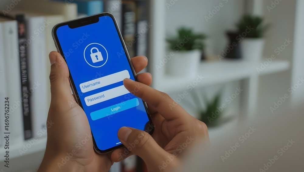 Poster man using smartphone to encrypt data and strengthen cybersecurity, protecting personal and corporate