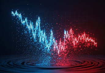 Dynamic digital graph showing market decline and data volatility, with blue and red lines disintegrating into particles over a rippled surface.