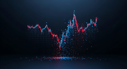 Dynamic abstract stock market chart disintegrating into red and blue particles on a dark digital background, representing financial data volatility and digital analytics.
