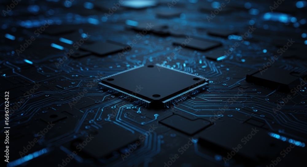 Aufkleber cutting edge microchip on circuit board with dynamic blue light paths showcasing digital innovation 