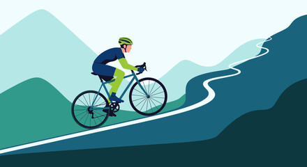 Fototapeta premium Cyclist Ascending The Mountain Road: A Colorful Vector Illustration Of Outdoor Cycling