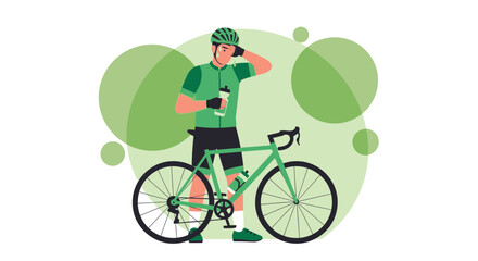 Obraz premium Cyclist Refreshes After Intense Exercise, With Bicycle, Green Hues and Modern Style