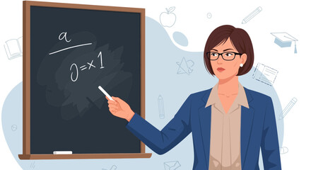 Dedicated Educator Explaining Mathematical Principles on Blackboard with Chalk in Hand