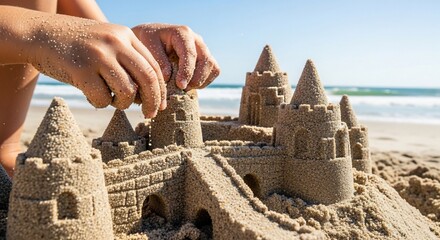 Building a Sandcastle on a Sunny Beach.