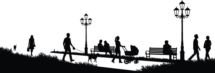 Fototapeta premium Silhouette of People Walking, Sitting, and Pushing Baby Stroller in Park Vector Illustration, Urban Life, Family, Leisure, Outdoors