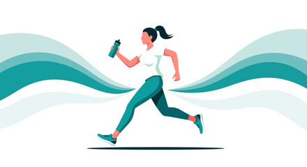 Energetic Woman Running With Water Bottle Promoting Healthy Lifestyle And Fitness Motivation