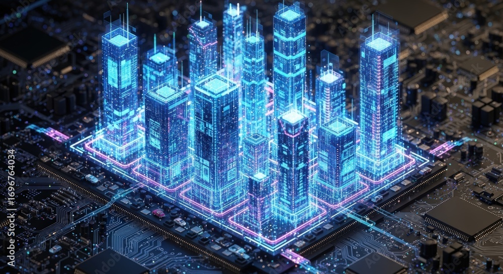 Poster futuristic digital cityscape on advanced circuit board representing global technology innovation and