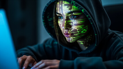 Female hacker or cybersecurity expert working on laptop with code overlay. Alternative angle or setting.