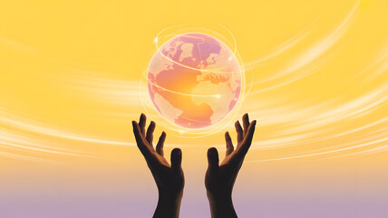 Hands Lifting the Earth: Two hands cradle a glowing earth, intertwined with a network of shining light, symbolizing global unity and a sustainable future. Capturing hope and interconnectedness.