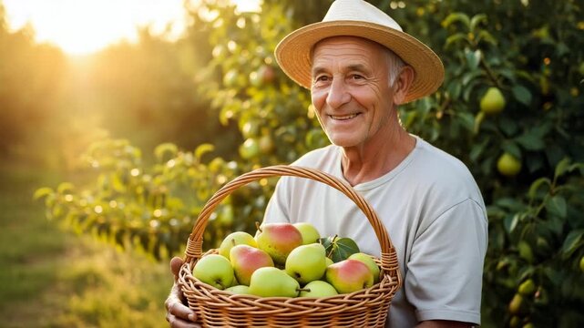 Happy senior man harvesting apples in orchard, with copy space