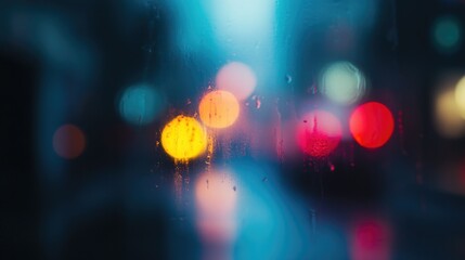 Blurred rainy night street with city lights reflecting on wet pavement