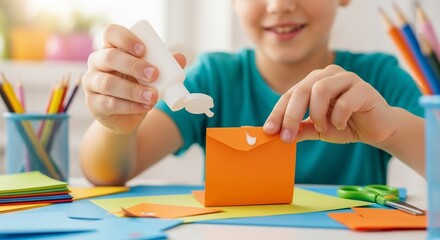 Child Crafting with Glue and Paper.
