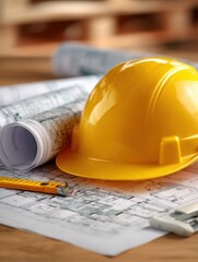 Yellow hard hat rests on top of detailed blueprints with other tools and rolled documents scattered around, indicating ongoing construction planning