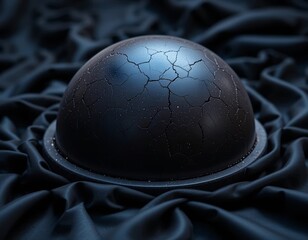 Mysterious cracked black sphere on dark fabric evokes intrigue and deep thought
